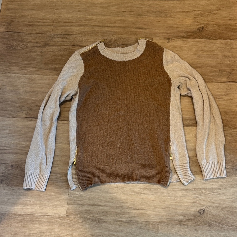 J. Crew Crewneck Sweater in Brown and Tan with zipper detail sz S